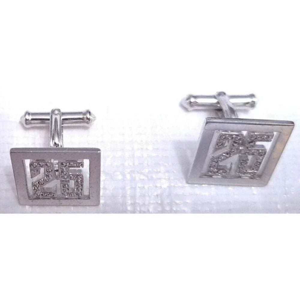 Vintage 25 Anniversary Cufflinks Mens Silver Tone Marcasite Rhinestone Square